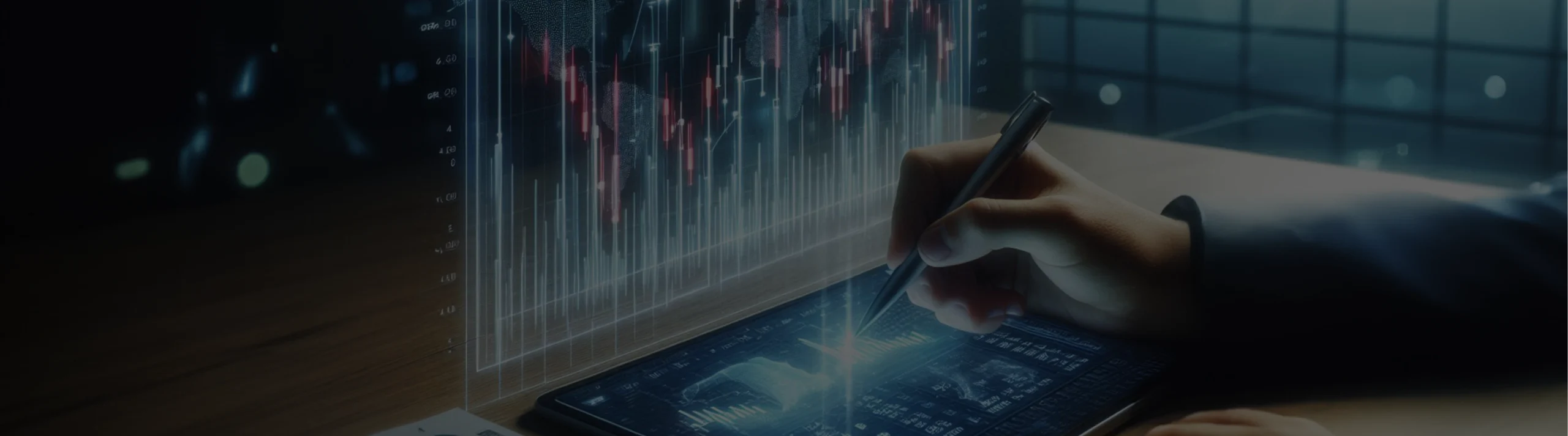 A person using a stylus on a tablet showing 3D trading charts with red and light blue candlesticks and bar graphs,