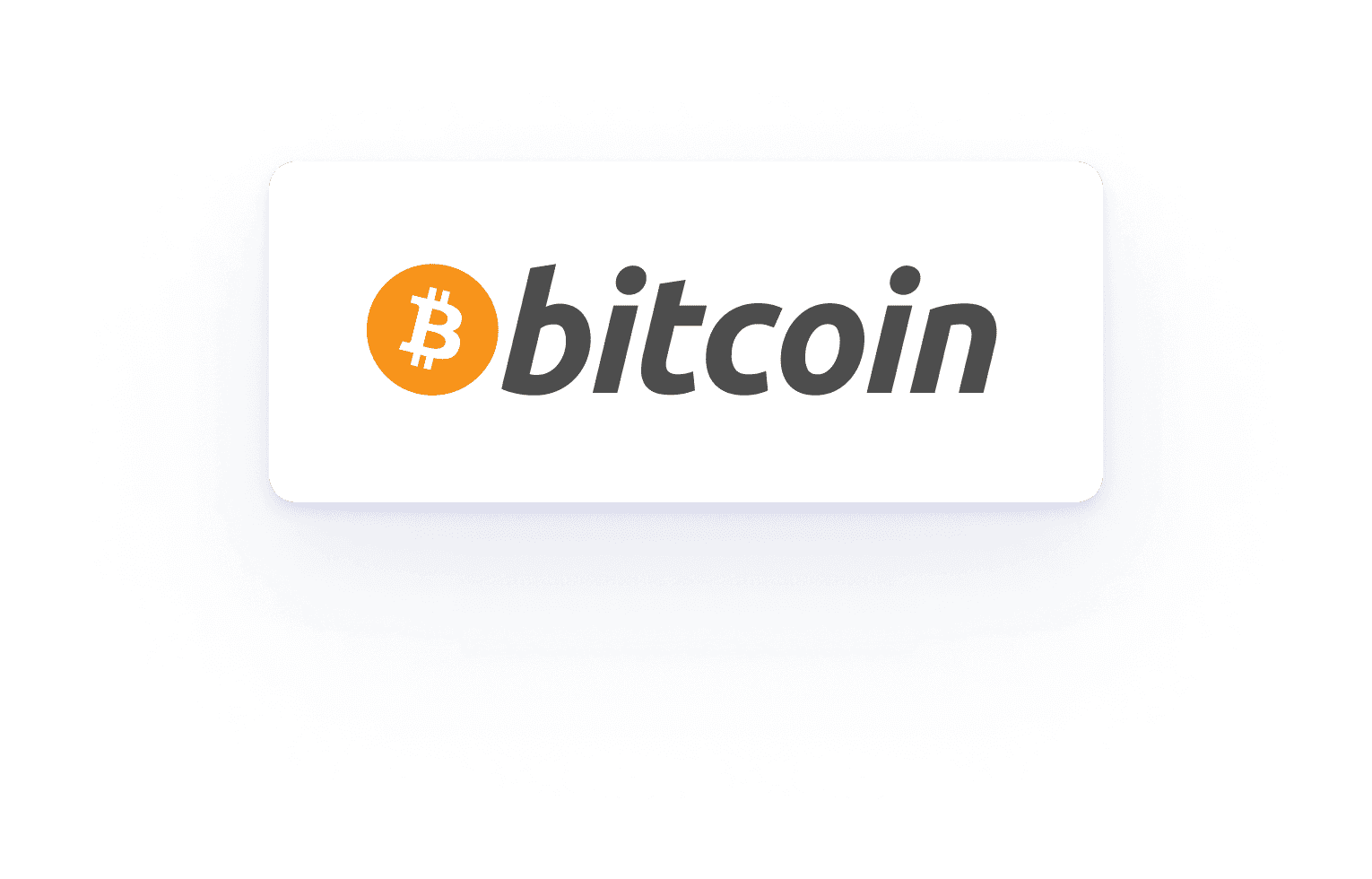 Bitcoin symbol with orange logo and stylized text on a glowing white card over a dark blue background.