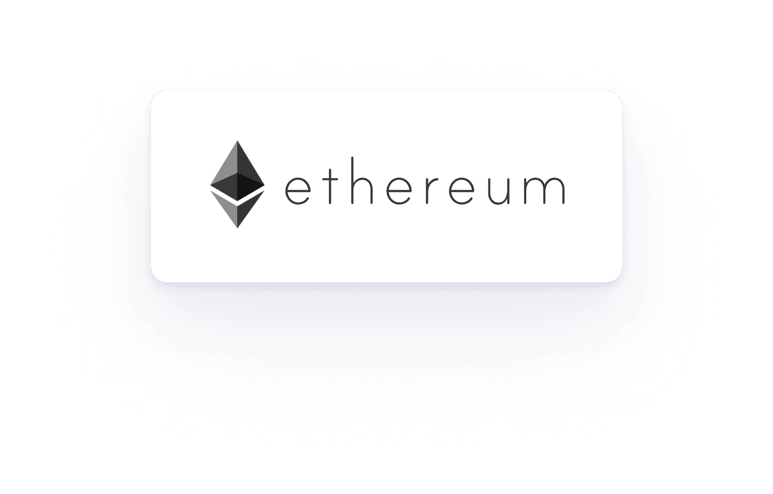 Ethereum logo in dark grey with stylized text on a glowing white card over a dark blue background.
