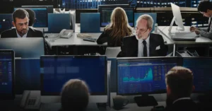 Financial traders at work in a busy office with monitors displaying stock charts and data in a high-rise city setting.