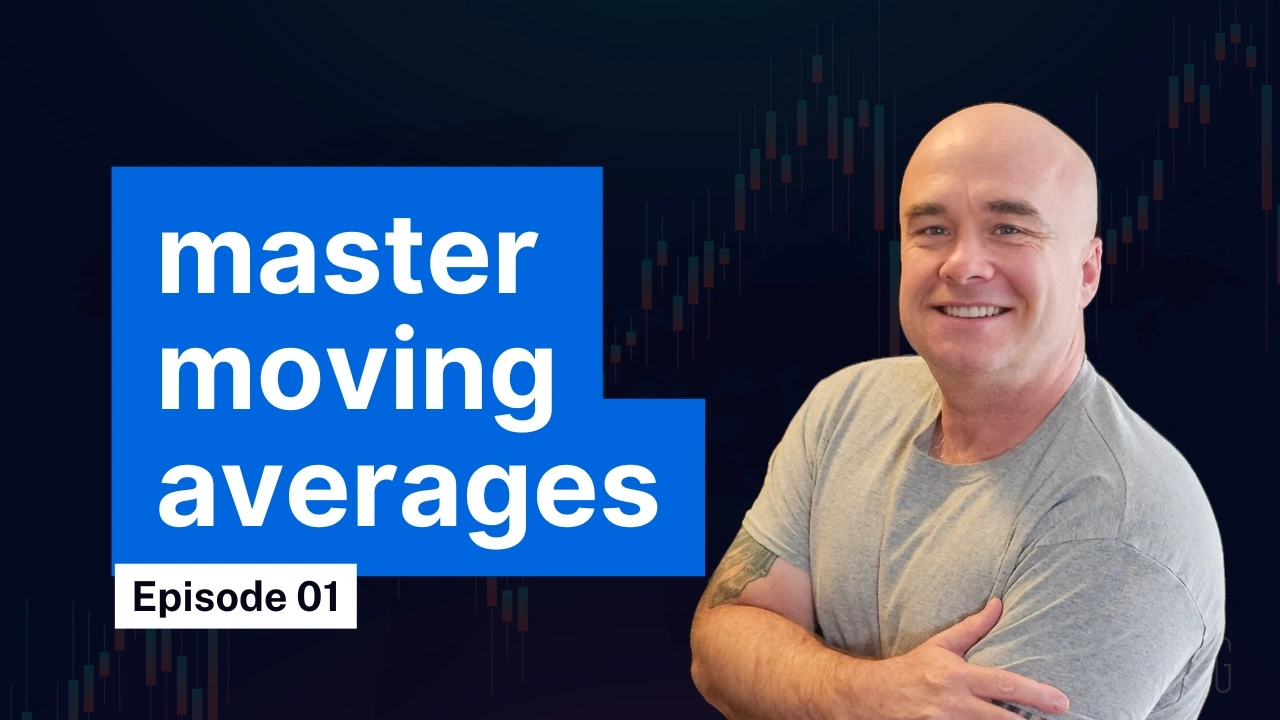 Man in grey shirt smiling next to blue box with text "master moving averages" with candlestick chart background
