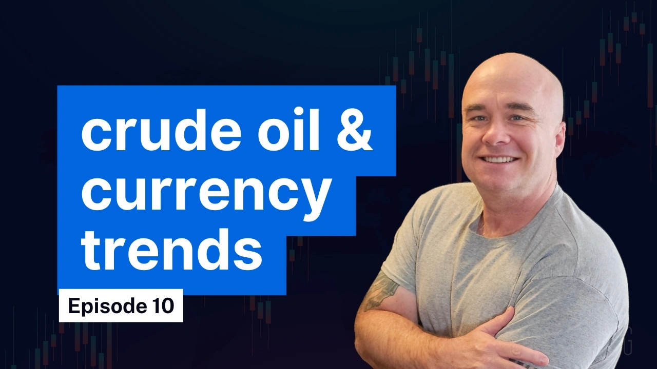 A man in a gray shirt with arms crossed next to the text "crude oil and forex trading trends" in Episode 10 with candlestick chart background.
