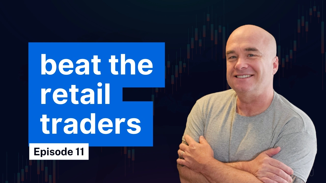 A man in a gray shirt with arms crossed next to text that reads "beat the retailers" with the candelstick chart background.