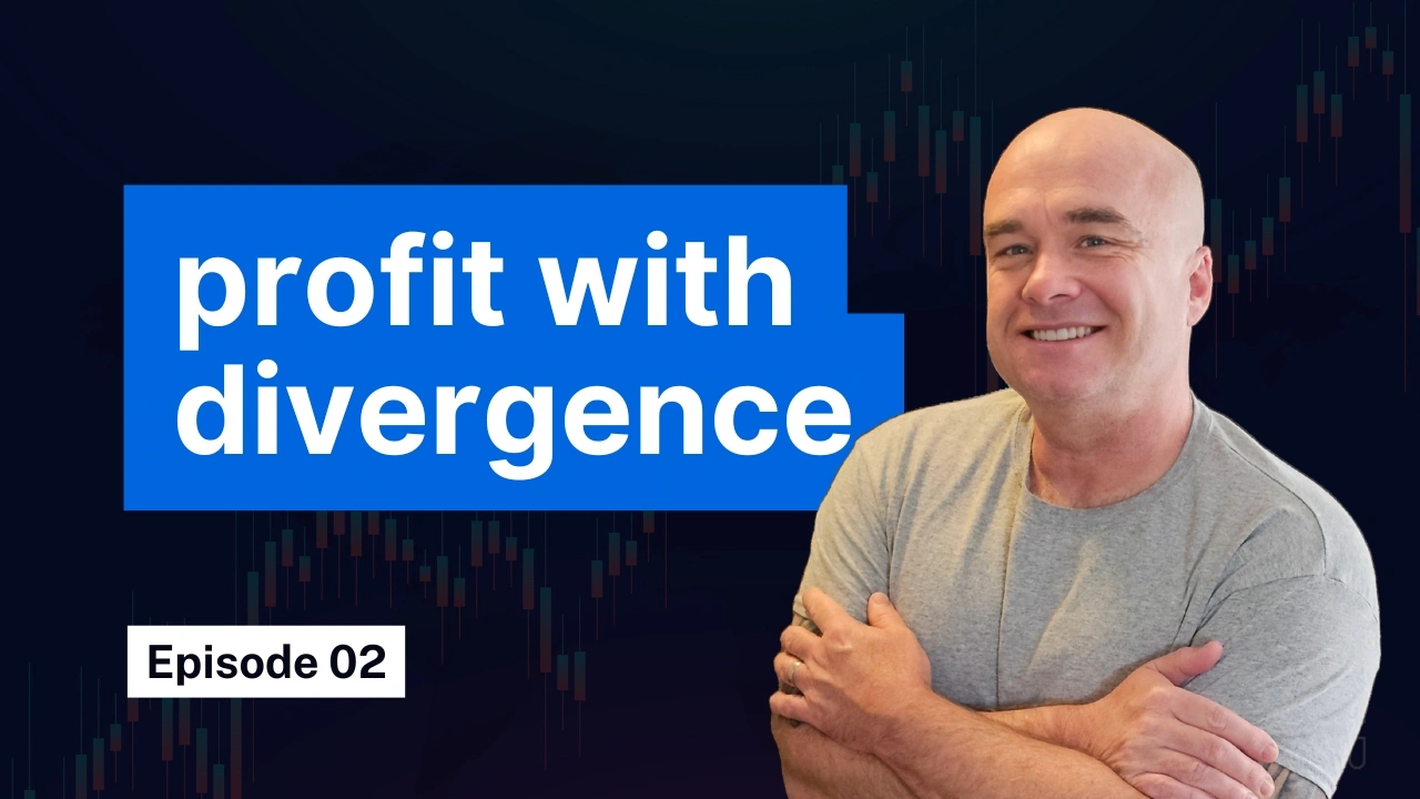 A man in a grey shirt smiles confidently. Text next to him says “profit with divergence” over a dark background with trading candlestick chart.
