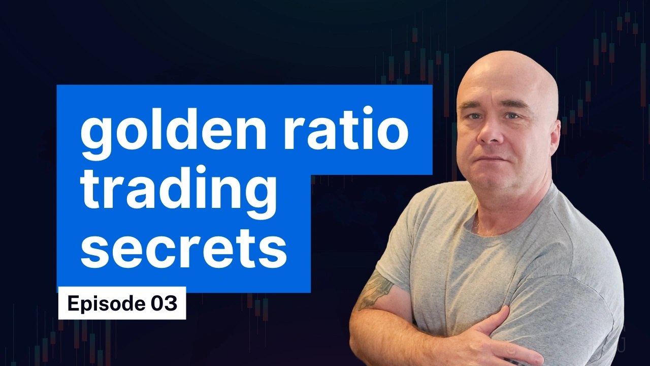 A man in a grey shirt looks serious with arms crossed. Next to him is bold text saying “golden ratio trading secrets” with chart lines behind him