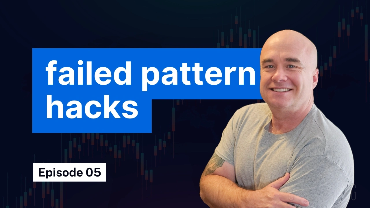 Man in grey shirt smiling next to blue box with text "failed pattern hacks" in Episode 05 with candlestick chart background