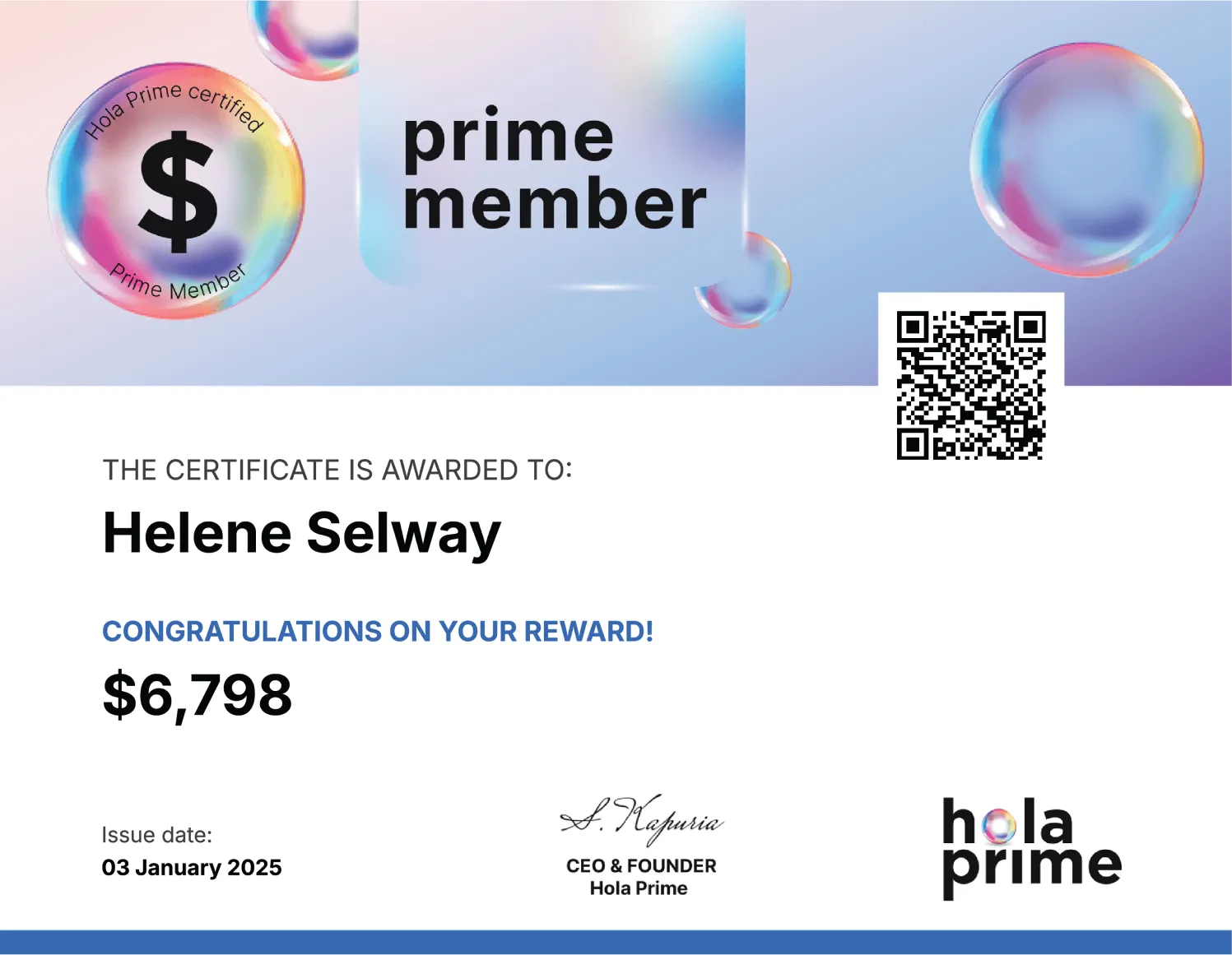 Hola Prime Payout Reward Certificate for Helene Selway