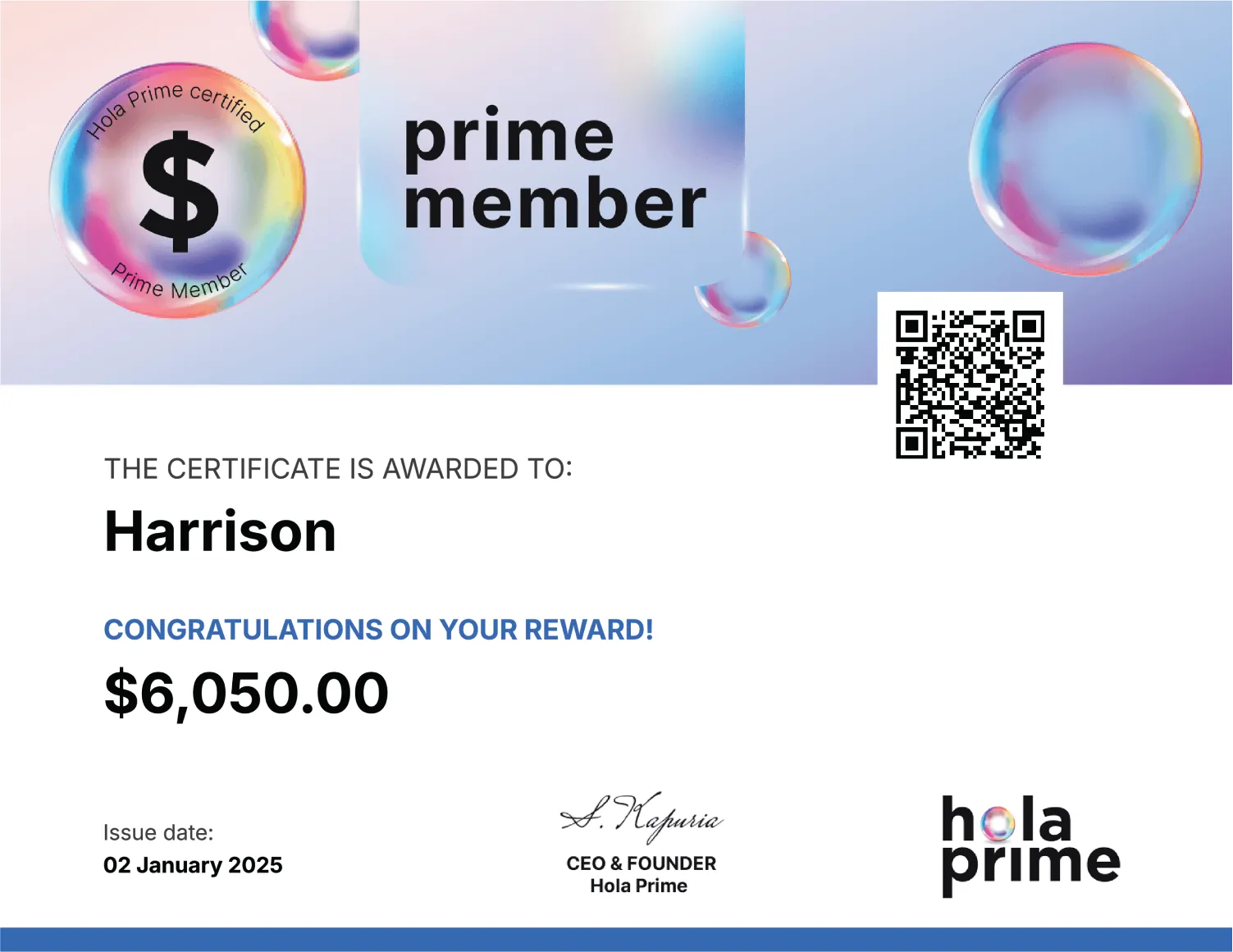 Hola Prime Payout Reward Certificate for Harrison