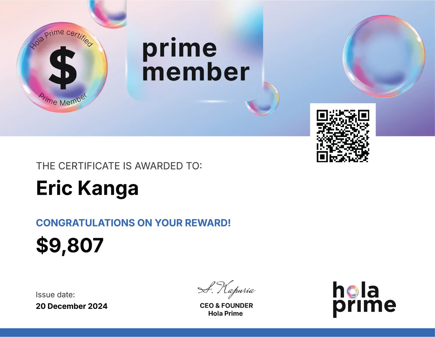 Hola Prime Payout Reward Certificate for Eric Kanga