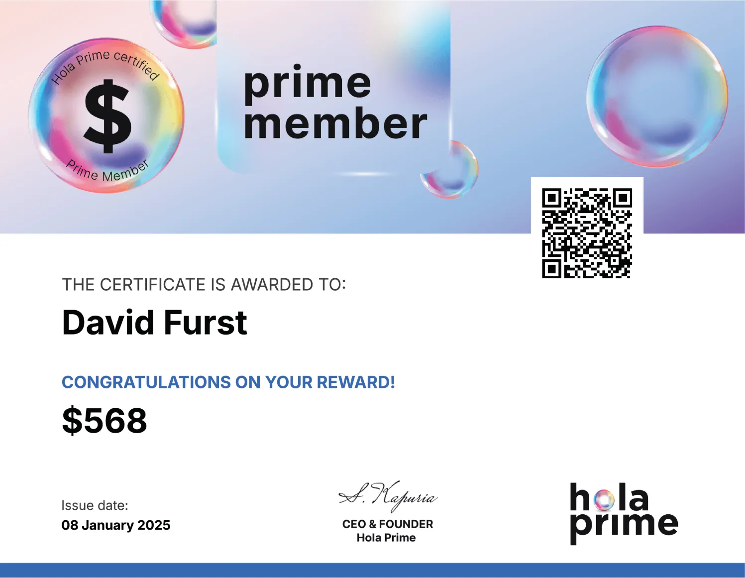 Hola Prime Payout Reward Certificate for David Furst