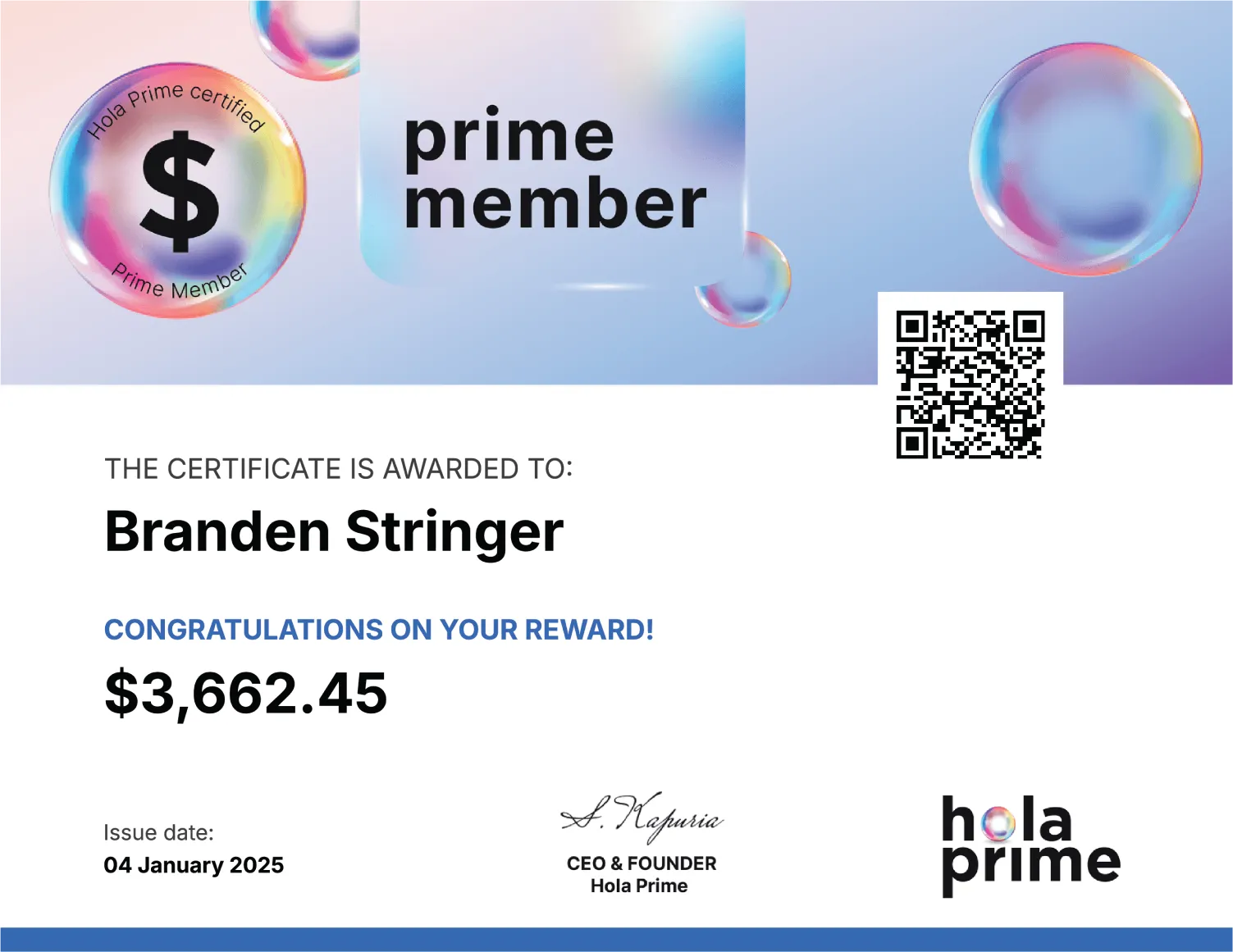Hola Prime Payout Reward Certificate for Branden Stringer