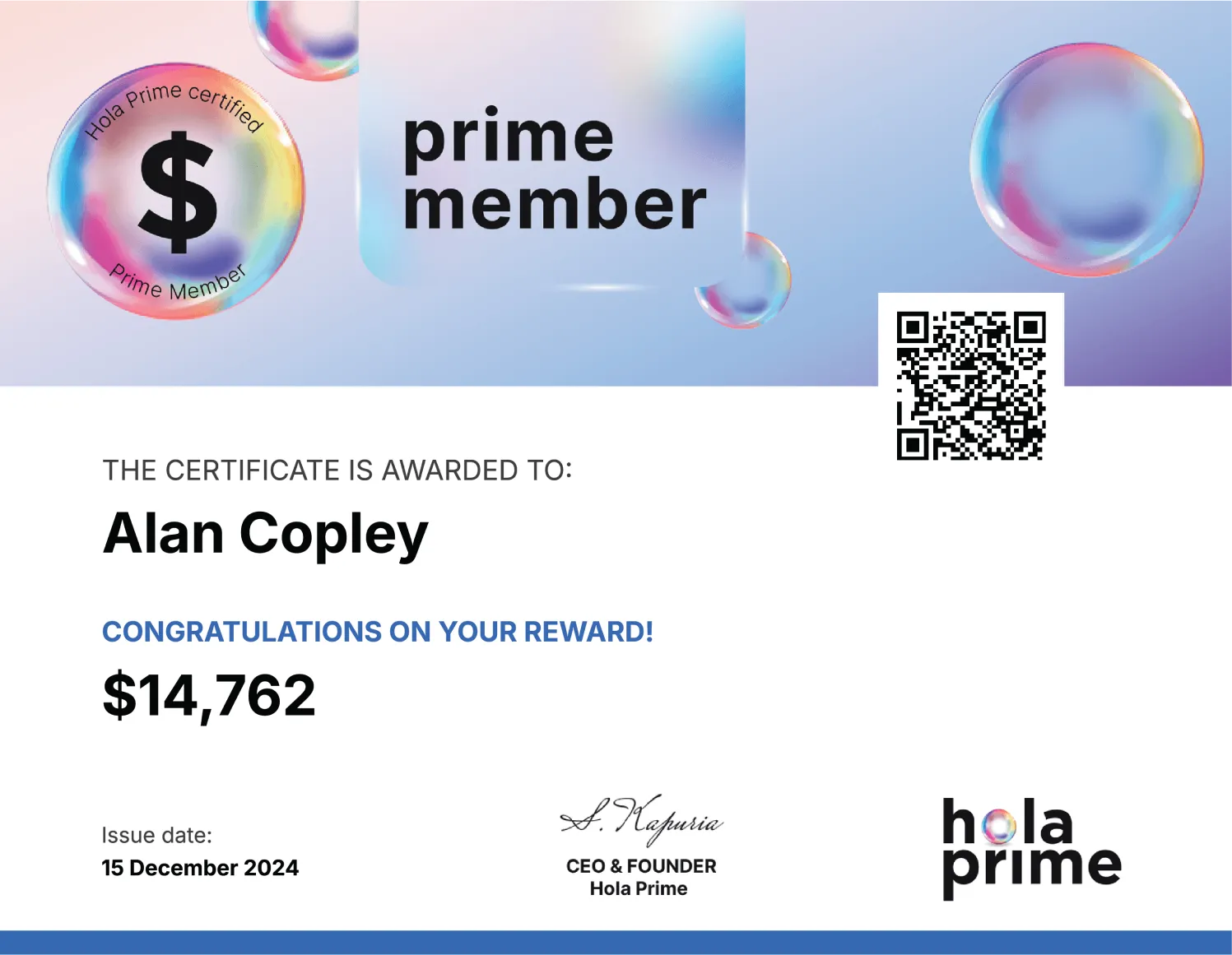 Hola Prime Payout Reward Certificate for Alan Copley