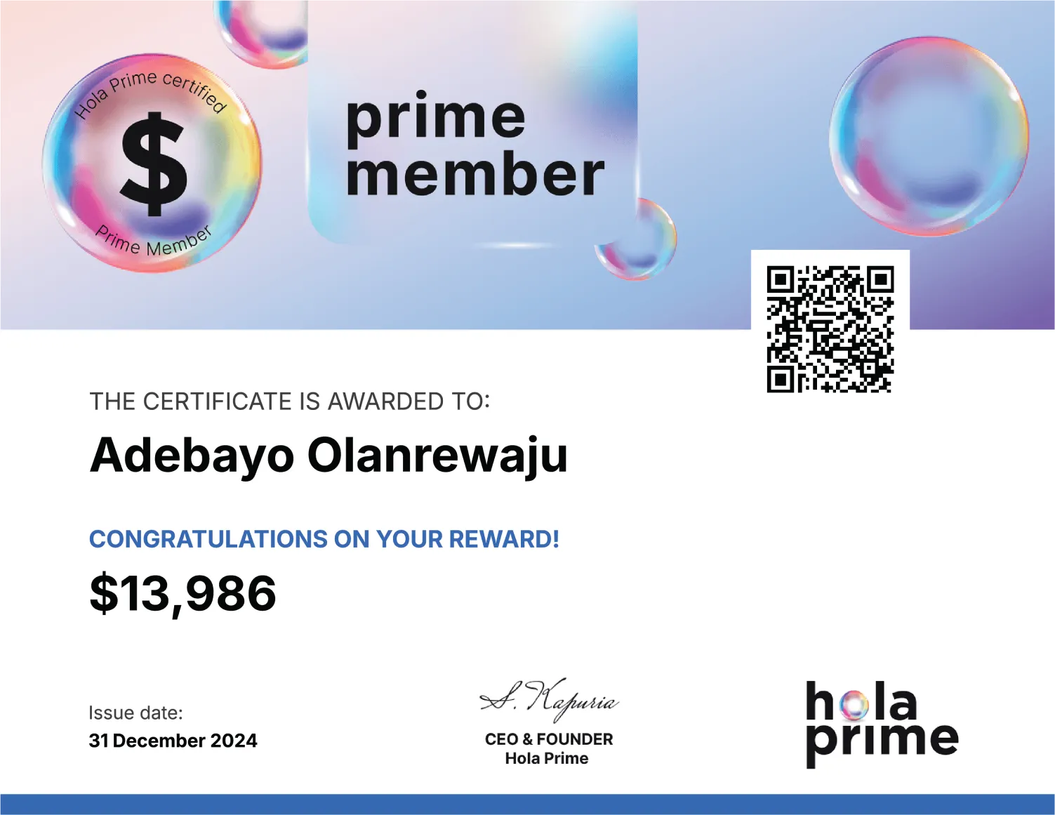 Hola Prime Payout Reward Certificate for Adebayo Olanrewaju