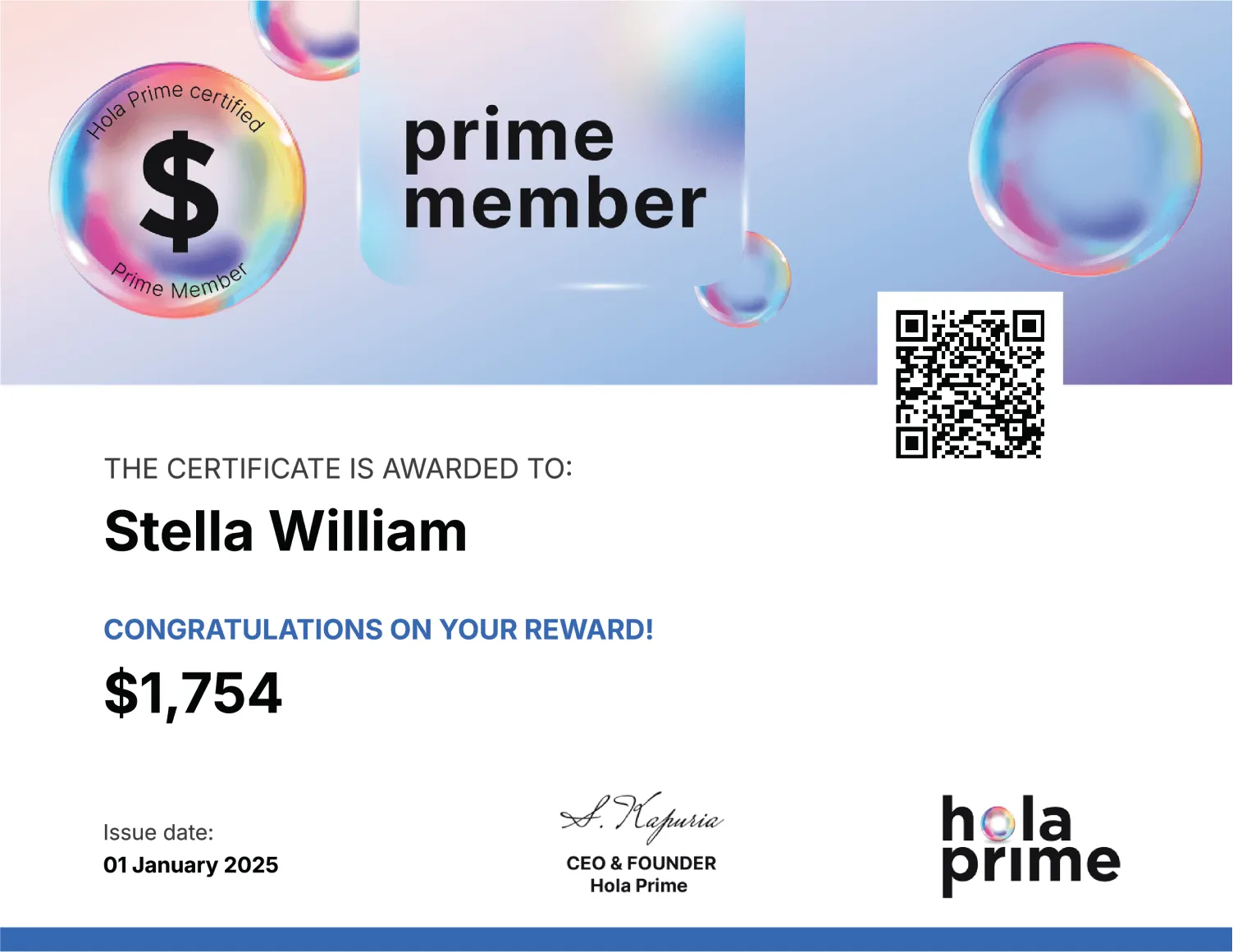 Hola Prime Payout Reward Certificate for Stella William