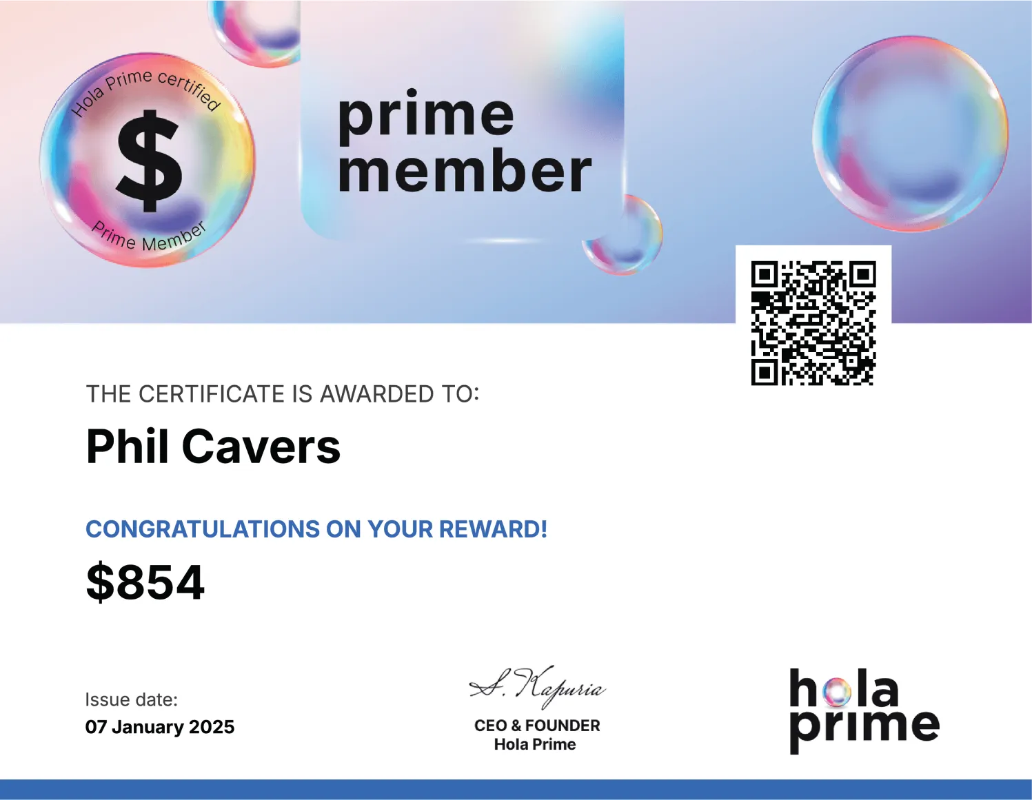 Hola Prime Payout Reward Certificate for Phil Cavers