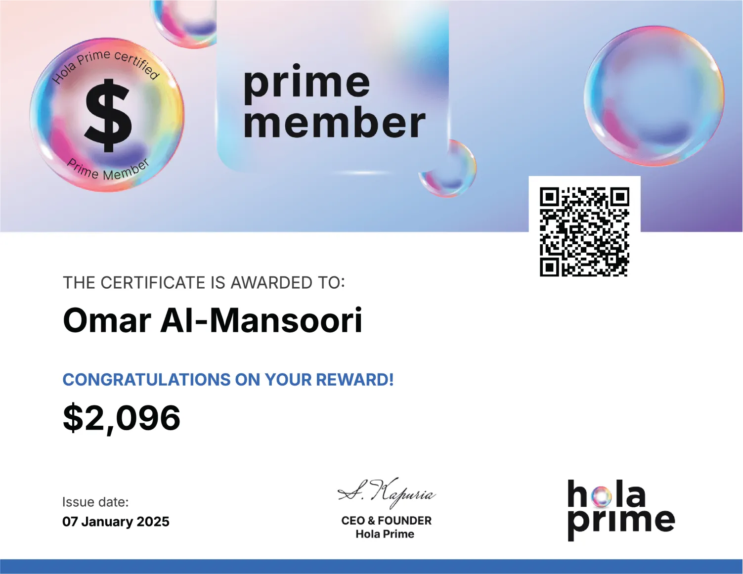 Hola Prime Payout Reward Certificate for Omar Al-Mansoori