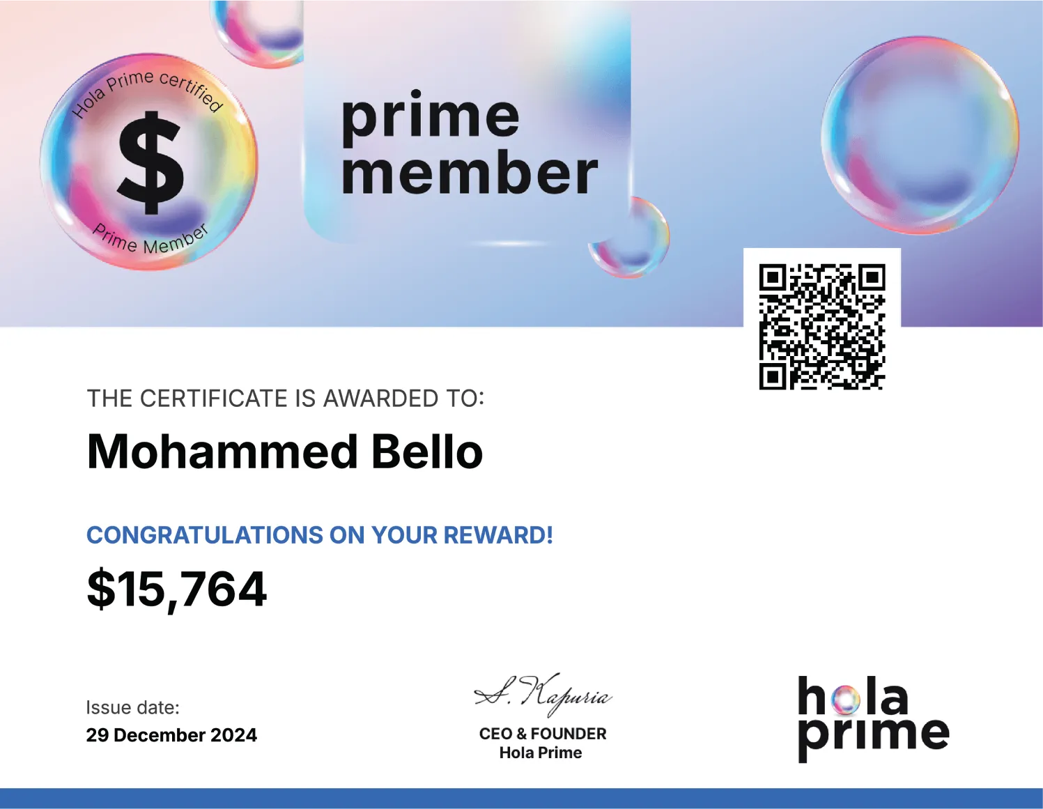Hola Prime Payout Reward Certificate for Mohammed Bello