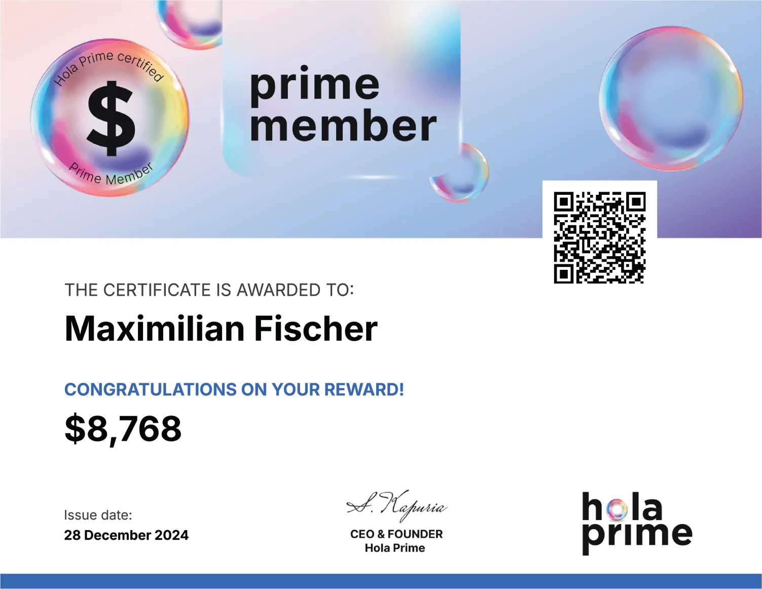 Hola Prime Payout Reward Certificate for Maximilian Fischer