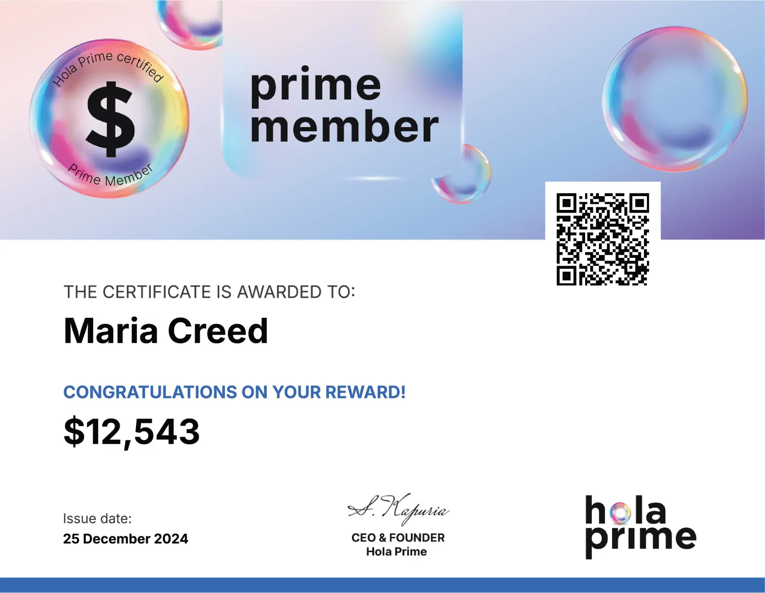 Hola Prime Payout Reward Certificate for Maria Creed