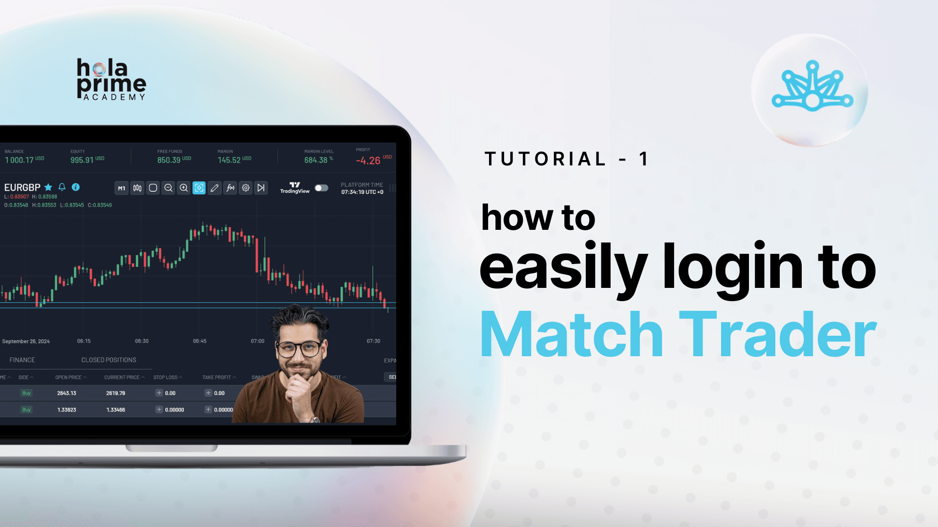 Man on screen of laptop showing TradingView chart; tutorial on how to easily login to Match-Trader trading platform.