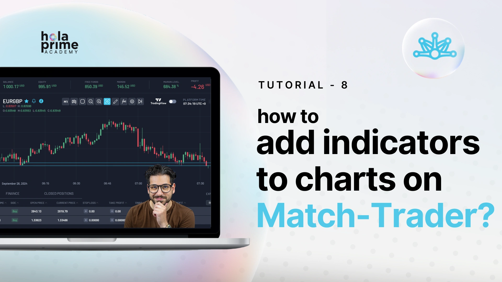 Man on screen of laptop showing TradingView chart; tutorial on how to add indicators on Match-Trader trading platform.
