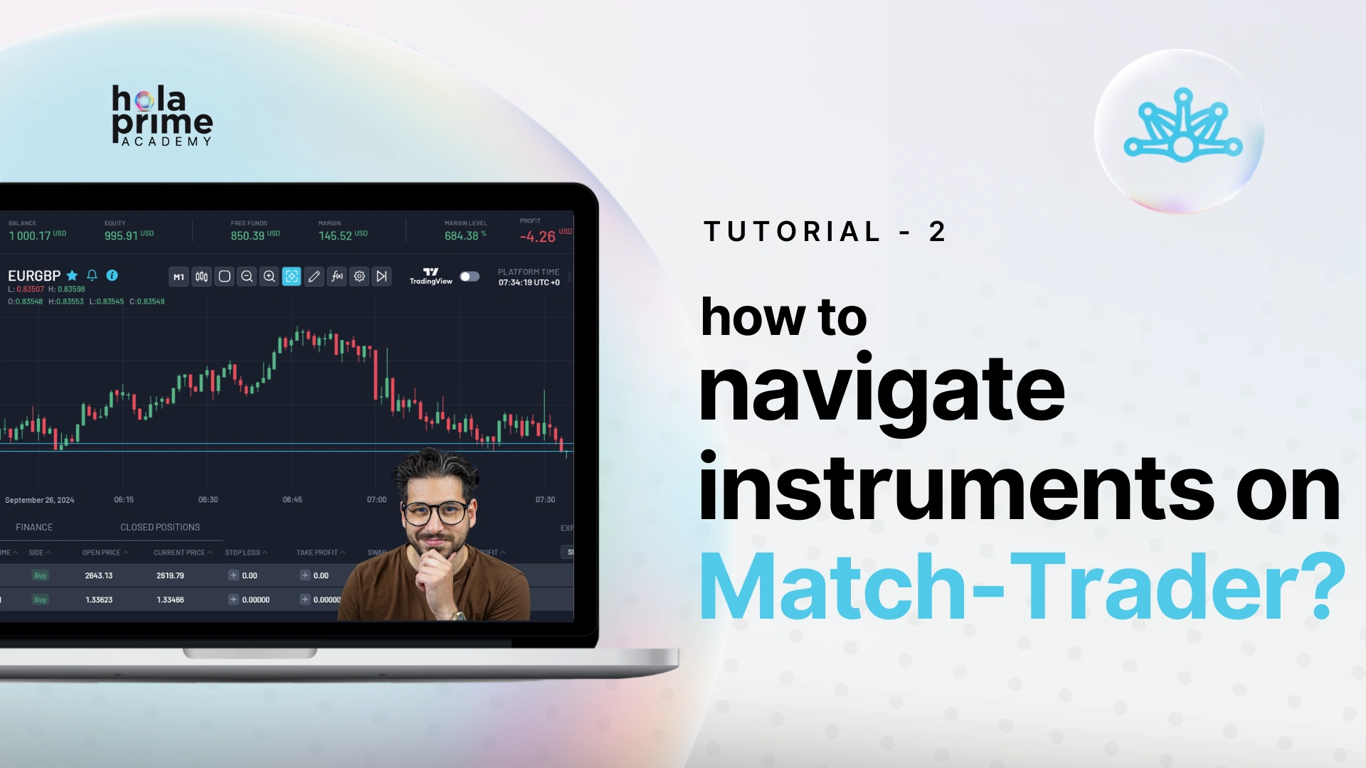 Man on screen of laptop showing TradingView chart; tutorial on how to navigate instruments on Match-Trader trading platform.
