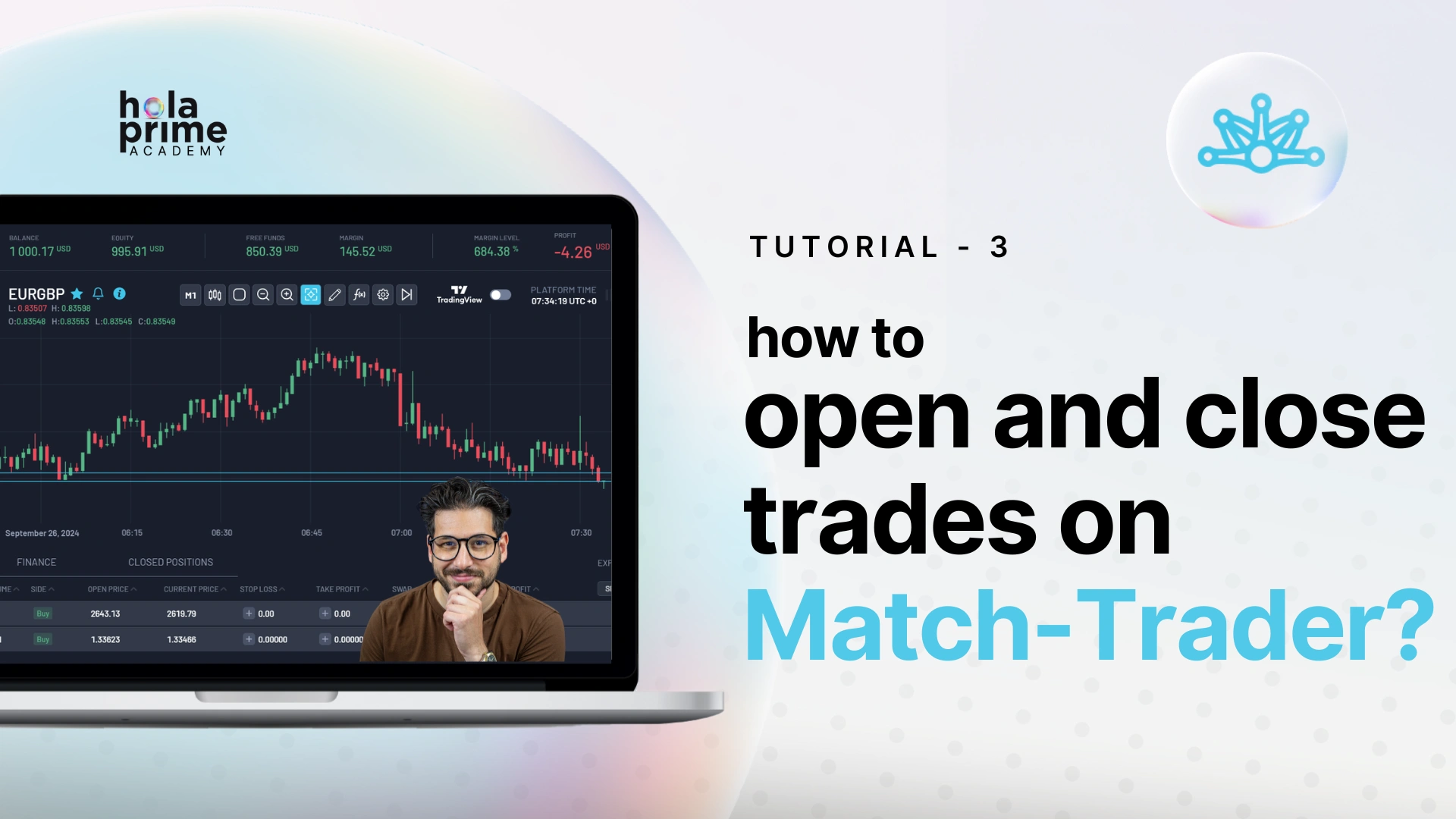 Man on screen of laptop showing TradingView chart; tutorial on how to open and close trade on Match-Trader trading platform.