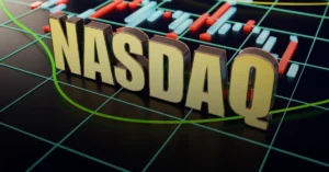 3D NASDAQ text over a 3Dcandlestick chart background