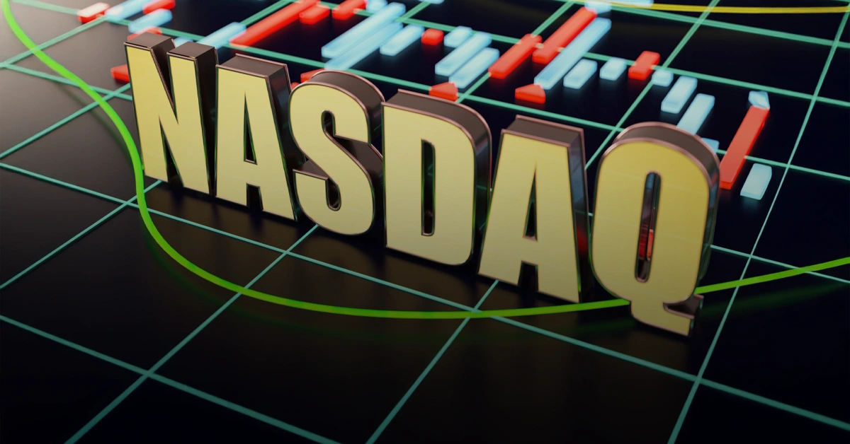 3D NASDAQ text over a 3Dcandlestick chart background