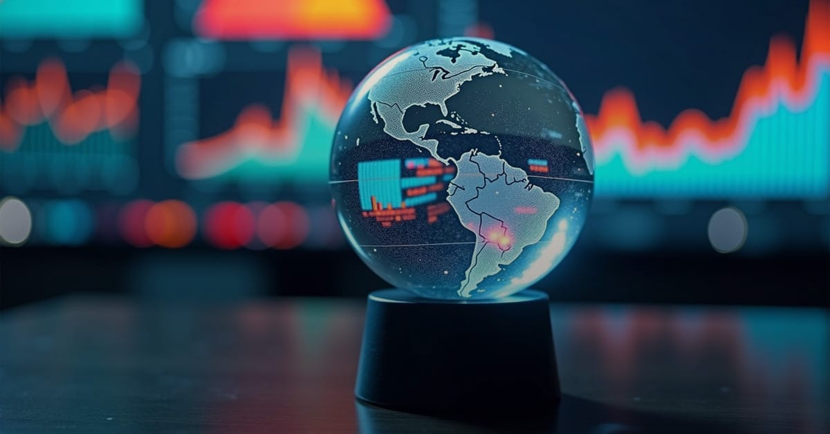 Glass globe with Americas in focus, set against rising stock charts, representing global financial activity.