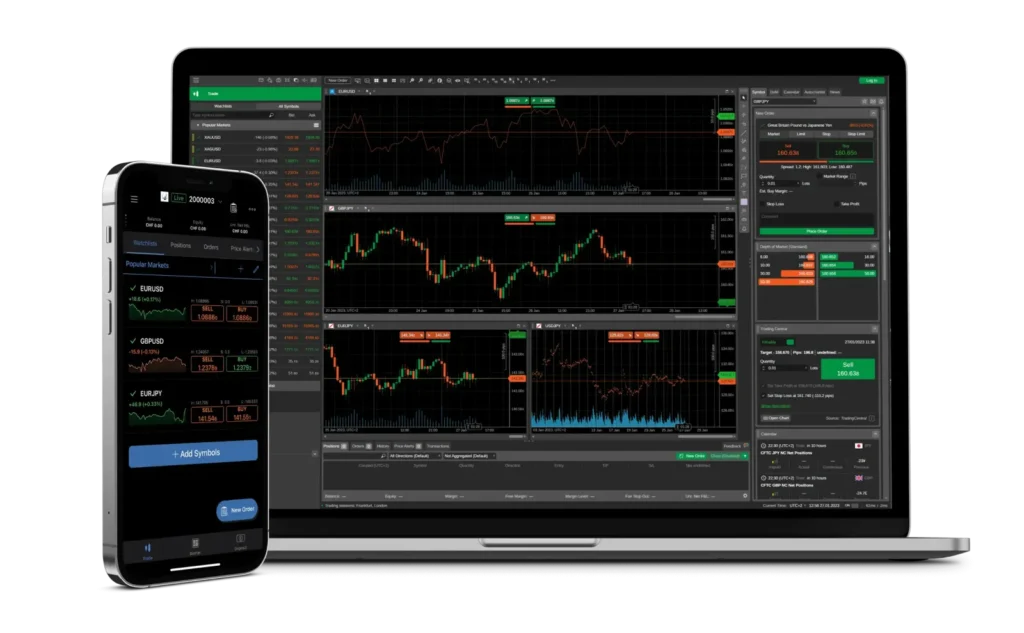 Laptop and smartphone showing a professional forex trading platform with live charts, market data, and order panels for pairs like EUR/USD and GBP/USD.