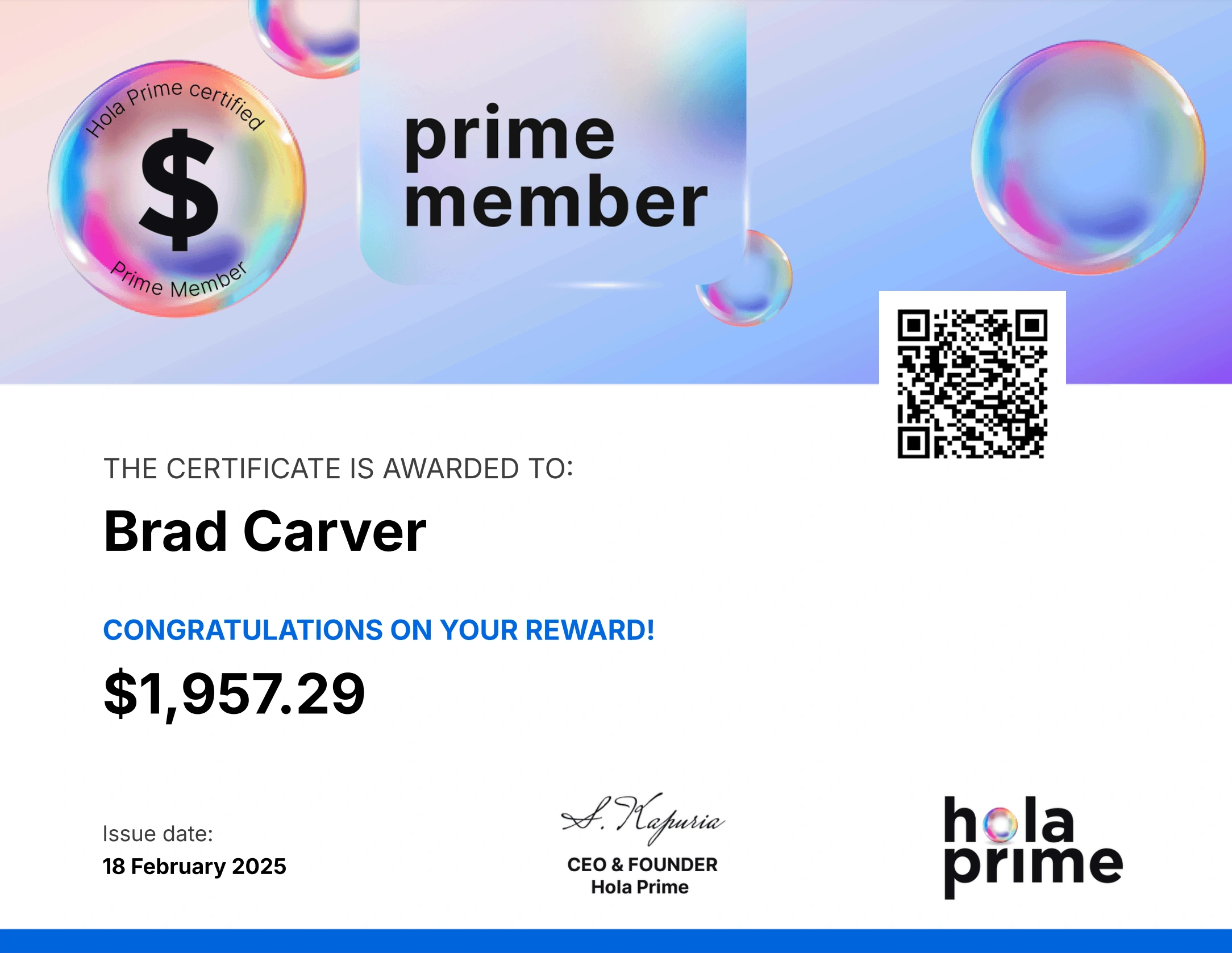 Hola Prime Payout Reward Certificate for Brad Carver