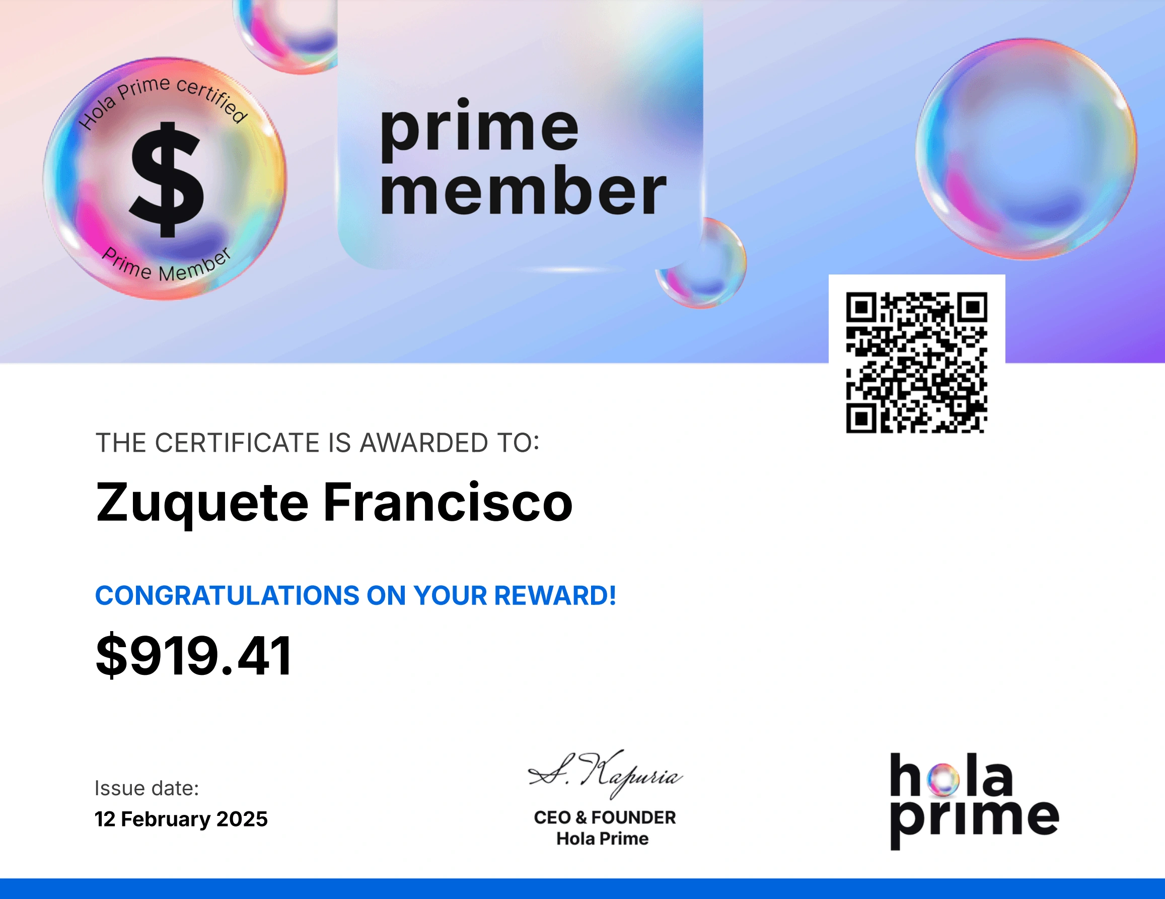 Hola Prime Payout Reward Certificate for Zuquete Francisco