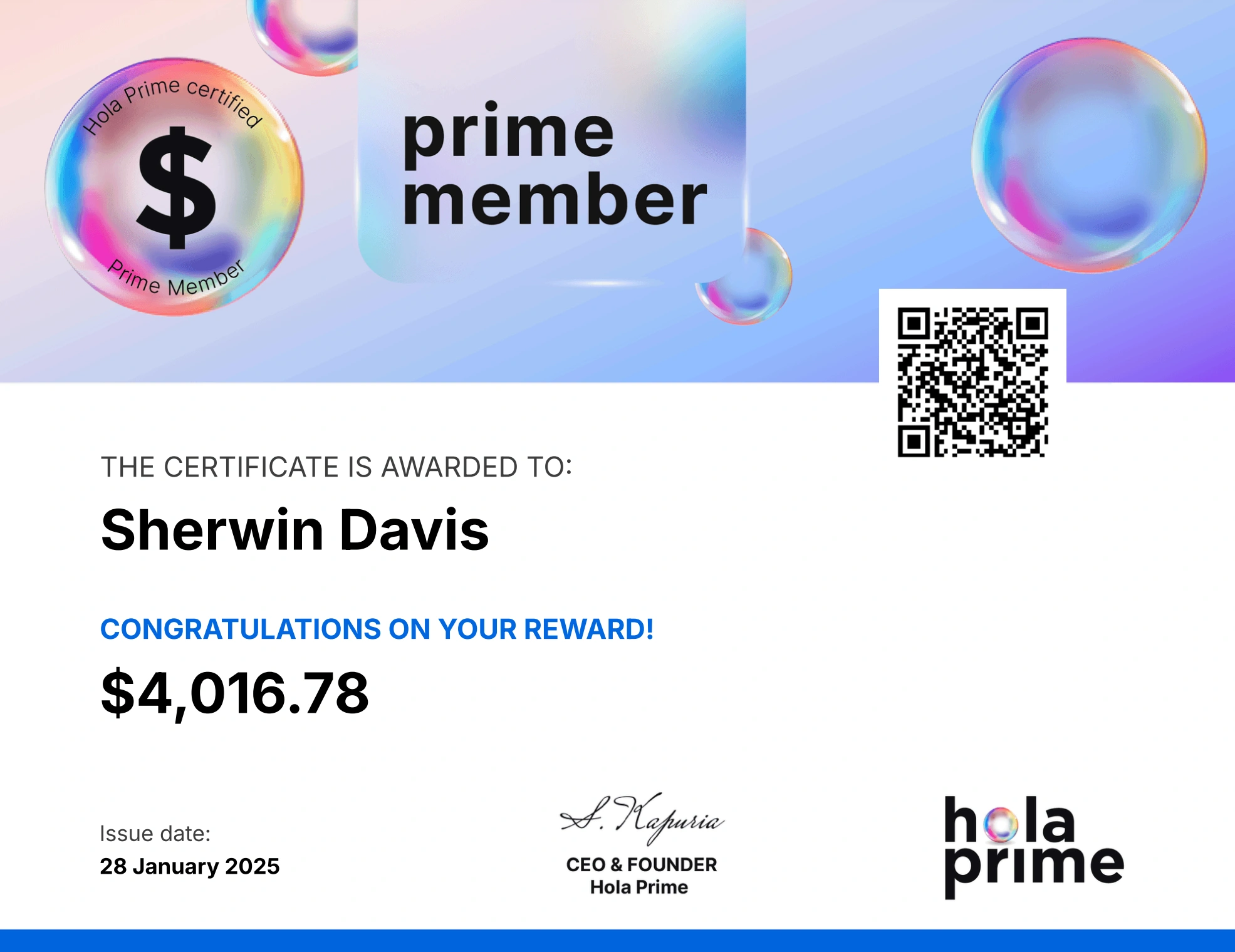 Hola Prime Payout Certificate for Sherwin Davis