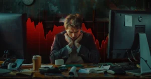 Stressed businessman at cluttered desk with plummeting red stock chart in background, symbolizing financial loss or market crash.