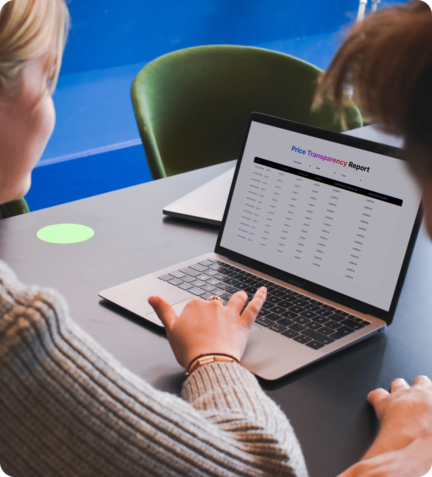 Two people reviewing a "Price Transparency Report" on a laptop screen in a modern office setting.
