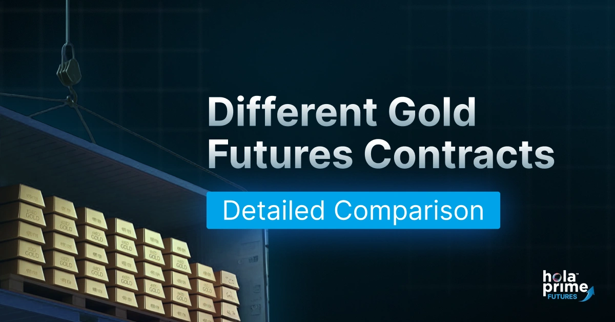 Illustration of stacked gold bars inside a shipping container being lifted by a crane hook, with text reading Different Gold Futures Contracts and a blue label saying Detailed Comparison, along with the Hola Prime Futures logo in the bottom right corner.
