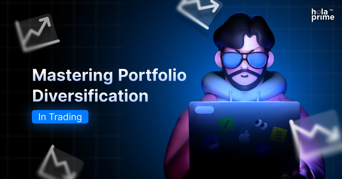 Illustration of a bearded man wearing sunglasses and a hoodie, working on a laptop with various stickers, surrounded by upward-trending chart icons, with the text Mastering Portfolio Diversification in Trading and the Hola Prime logo in the top right corner.