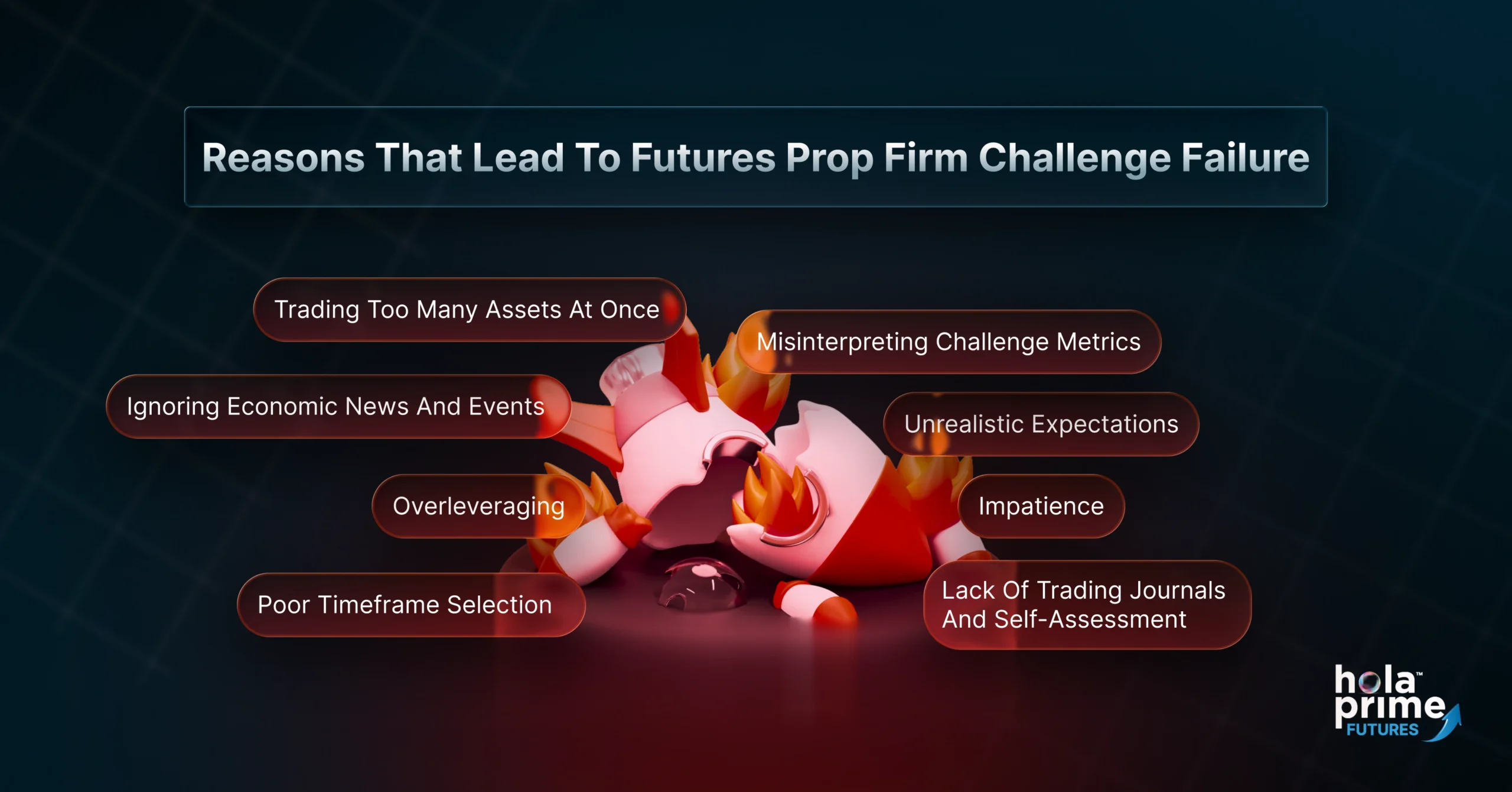 This infographic by Hola Prime Futures, titled Reasons That Lead To Futures Prop Firm Challenge Failure, features a dark-themed background with a stylized 3D character at the center appearing defeated and surrounded by flames. Various common reasons for failure in futures prop firm challenges are highlighted around the character in red gradient pill-shaped boxes. These reasons include trading too many assets at once, misinterpreting challenge metrics, ignoring economic news and events, having unrealistic expectations, overleveraging, showing impatience, selecting poor timeframes, and lacking trading journals and self-assessment. The Hola Prime Futures logo is positioned in the bottom right corner of the design.