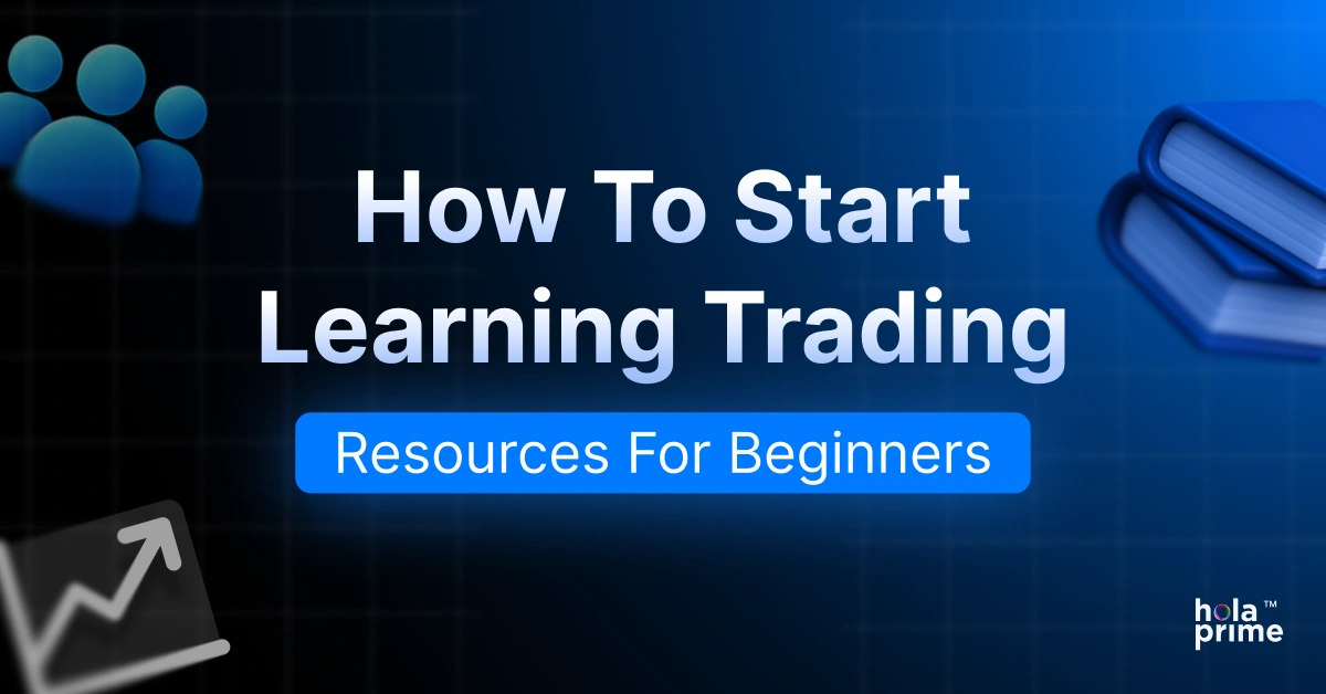 Infographic with title, how to start learning trading, resources for beginners. Hola Prime logo is placed on the bottom right corner.