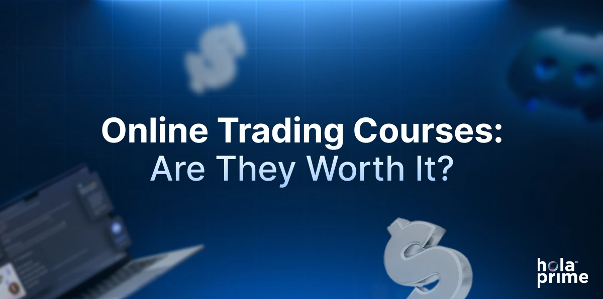 Infographic with title, online trading courses: are they worth it? Hola Prime logo is placed on the bottom right corner.